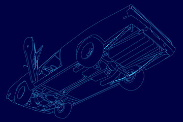 Detailed blueprint of a vintage sports car contour, featuring technical schematics of its engine and chassis components on a solid blue background.
