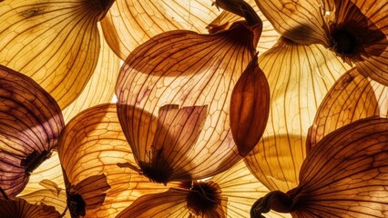 Close-up abstract onion skin texture background featuring natural layered patterns and organic surface details. Ideal for food design