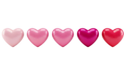 Row of five glossy hearts in various pink shades isolated on transparent background