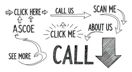 Hand drawn call to action elements with arrows, isolated on transparent background