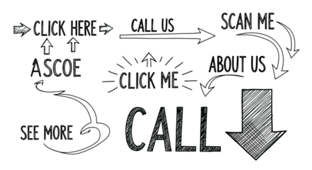 Hand drawn call to action elements with arrows, isolated on transparent background