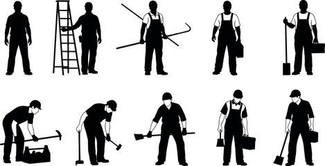 Set of construction worker silhouettes standing and working with tools like ladders shovels toolboxes and hammers for industrial maintenance design © MD Anas