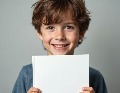 Young boy smiles holding white blank book or paper mockup. Child has brown hair, freckles, wears blue shirt, grey studio background. Copy space for text.