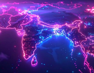 Glowing map of South Asia with illuminated borders and cities