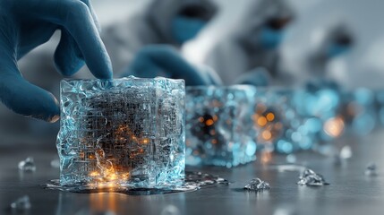 gloved hand holding glowing blue ice cube in quantum computing experiment