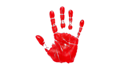 A vivid red human handprint isolated on transparent background