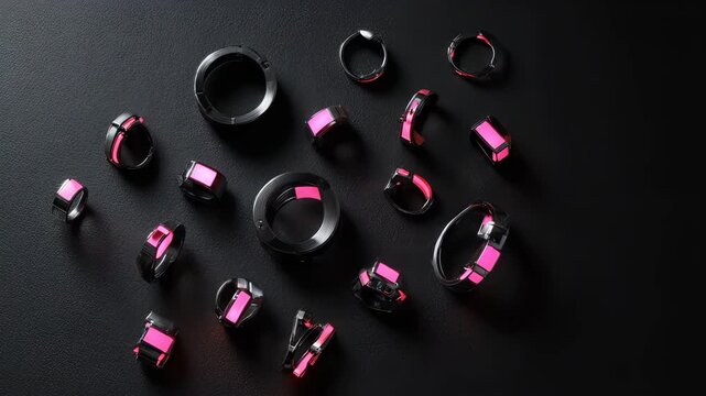 Metallic rings with glowing pink accents scattered on a dark textured surface