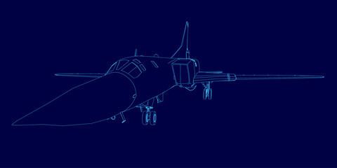 Detailed blue contour drawing of a military fighter jet, featuring a defined wingspan and clear tail fins on a solid blue background. © German Ovchinnikov