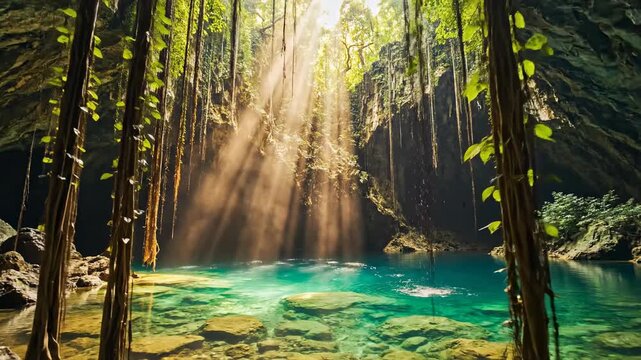 Mystical Cave: Sunlight streams into a breathtaking cavern with crystal-clear turquoise waters, creating a spectacle of light and shadow, and serene natural beauty.