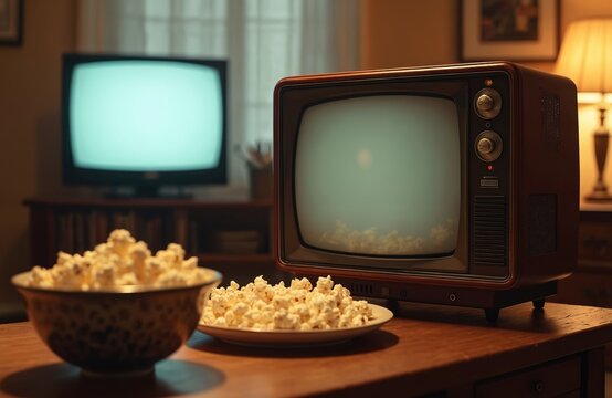 Retro television set with popcorn bowls on table. Classic TV screen shows static or test pattern. Cozy home entertainment, movie night or binge watching setup.