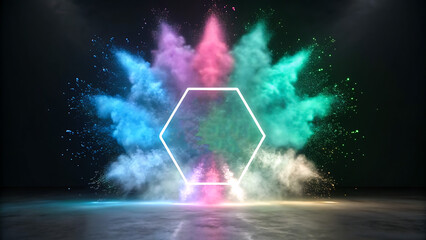 Colorful powder explosion with geometric hexagon abstract background
