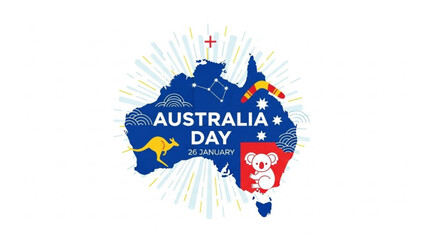 Obraz premium Australia Day Celebration: A vibrant illustration for Australia Day, featuring the continent's outline with iconic elements and joyful celebration.