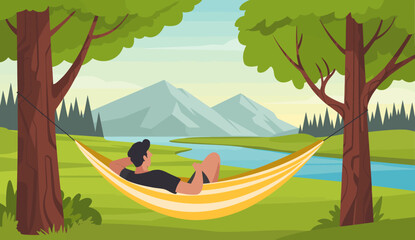 A person relaxes in a hammock amidst serene natural surroundings, with mountains and a river in the background, representing tranquility, leisure, and the beauty of the outdoors.
