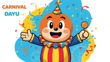 Carnival Dayu: An illustration of a jovial clown, set against a vibrant background, exudes the playful spirit and excitement of a carnival celebration, holding a lollipop, dressed in a festive attire.