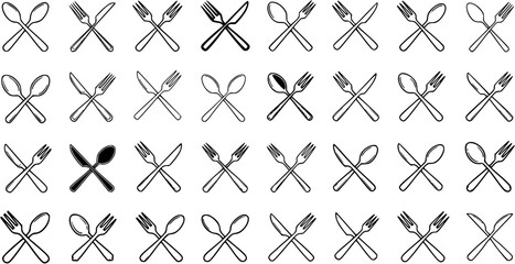 Food  Dining Industry Cutlery Icons - Black  White Line Art Set of Crossed Forks, Knives, and Spoons for Restaurant, Kitchen, and Tableware Glyph Symbols and Outline Elements.