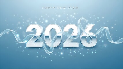 Happy New Year 2026 with flowing ribbon and sparkling lights