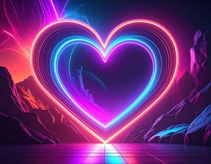 Glowing neon heart in a cosmic landscape, space and mountains