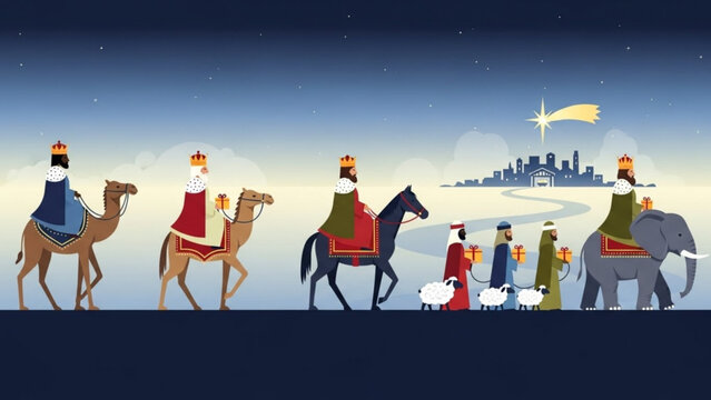 Pilgrimage to Bethlehem: A radiant scene depicts the procession of the three wise men, accompanied by their entourage, making their celestial journey towards the guiding star of Bethlehem.