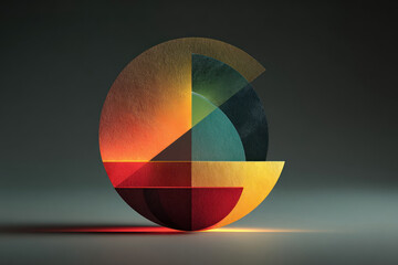 An abstract geometric composition with translucent circular shapes and segments, executed in a warm and cool color scheme.  