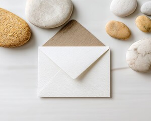 White Envelope With Stones On Light Background