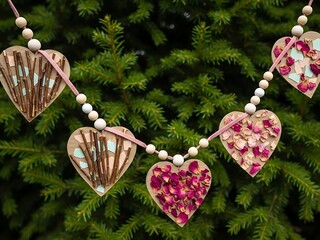 Handmade heart shaped garland with dried rose petals and twigs hanging on green fir tree branches outdoors