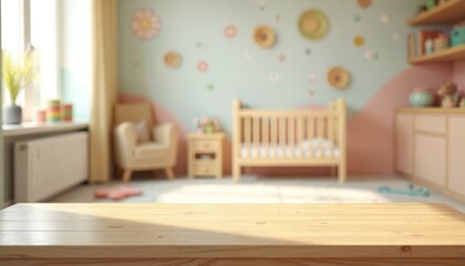 Empty wooden table in blurred nursery room with crib armchair and window. Background depicts children play area. Space for copy. Modern interior design for toddler.
