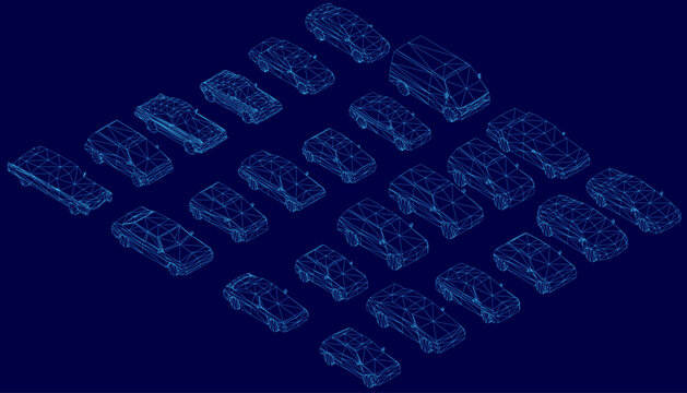 Blueprint of a car on a blue background, featuring an urban vehicle set in detailed wireframe design for engineering and automotive concepts. Isometric view