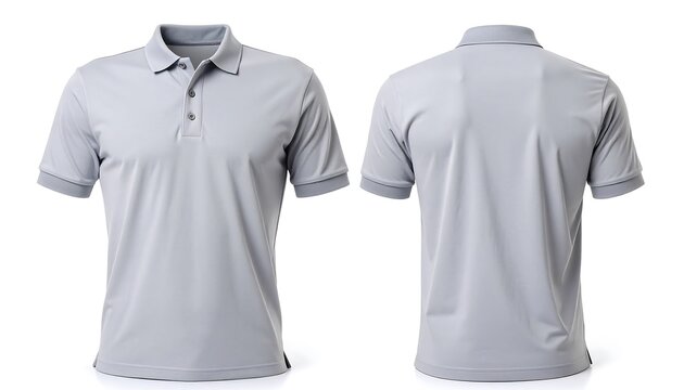 Realistic grey polo shirt mockup for your design, front and back views, on a clean white background