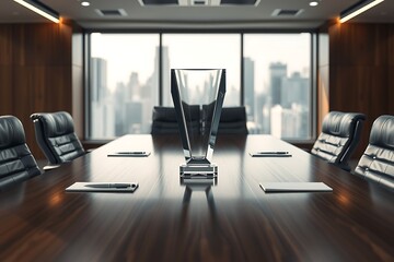 Generative AI vibrant corporate conference room with a sleek trophy on the large wooden table