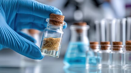 Laboratory Research with Glass Vials, Hand Holding Sample Bottle with Cork Cap, Science Experiment, Chemical Research Environment in the Background