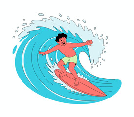 A joyful surfer expertly riding a powerful blue ocean wave, showcasing the thrill of surfing and the vibrancy of summer fun at the beach.