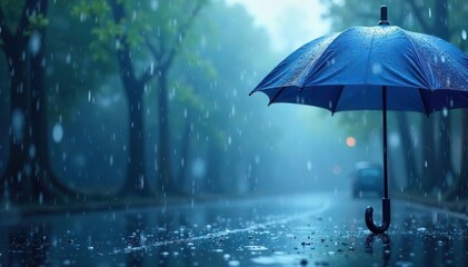 Abstract rainy day graphic design with water droplets and umbrellas in shades of blue and gray , water, rainy