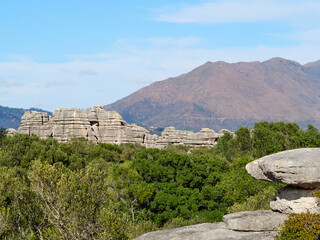 Karst landscape. It is a limestone relief that emerged from the sea, with whimsical formations, limestone pavements and towers. Canuto de la Utrera, Malaga, Andalucia, Spain. 