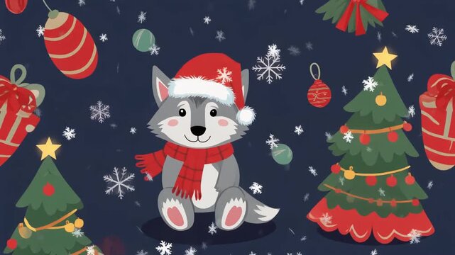 Cute Cartoon Husky Puppy in Santa Hat and Scarf with Christmas Decorations and Falling Snowflakes