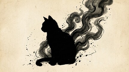 Black Cat With Ink Smoke Atmospheric Minimal Art