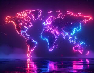 Glowing neon world map illuminating a dark, misty background