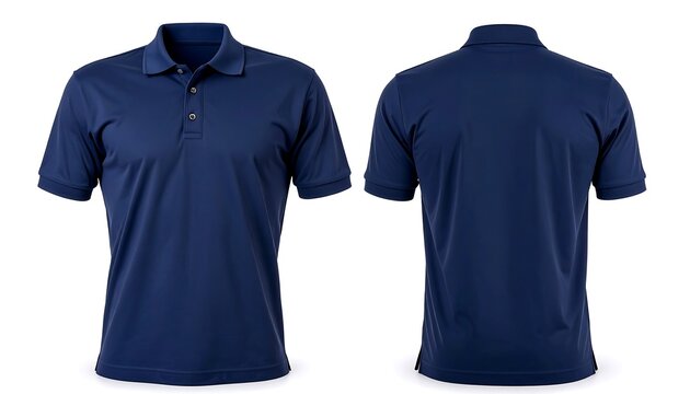 Navy blue polo shirt mockup, front and back view, isolated on white background for apparel design presentation