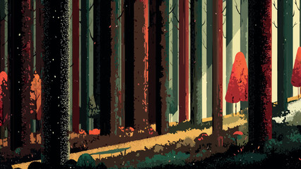 Obraz premium Stylized Forest Path with Tall Trees Illustration
