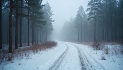 Snow covered road winds through dense evergreen forest shrouded in thick fog. Leafless bushes and sparse trees line path. Tall pine trees stand on either side of track leading into hazy distance.