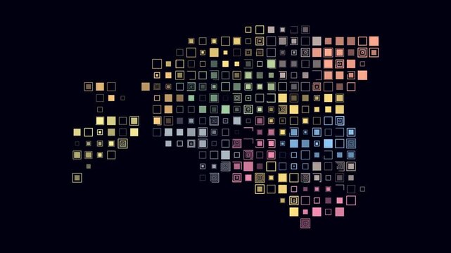 Estonia map animation. Shape of the country with pulsating colored dots. Large size square blocks. Digital style Estonia map on dark background. Plain video.