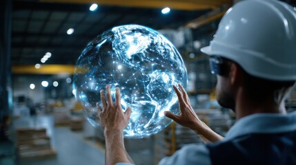 Creative Vision of Engineer Holding Holographic Earth Model in Innovative Warehouse Environment with Futuristic Data and Connectivity Concepts