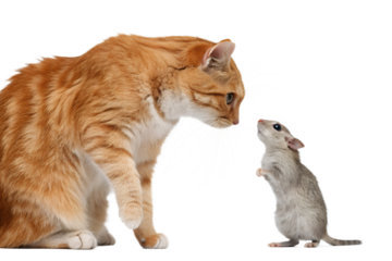 Cat and Mouse: A captivating tableau unfolds as a majestic ginger cat and a curious little mouse engage in an intriguing stare-down.
