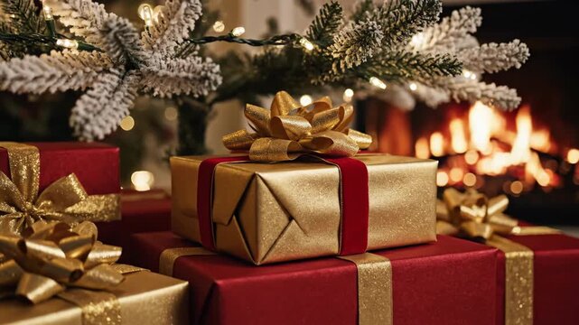 Stylish arrangement of perfectly wrapped golden and red gifts stacked under a softly lit artificial Christmas tree waiting for morning wrapping, morning, seasonal