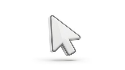 Modern white computer mouse cursor icon with silver outline floating on white background