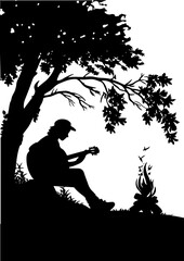 Silhouette of Man Playing Guitar by Campfire