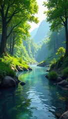 Obraz premium A scenic landscape with lush green trees and a serene river flowing through, highlighting the beauty of nature and the environment , conservation, outdoors