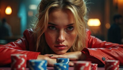 Young woman wearing red leather jacket leans over poker chips with serious intense gaze. She is focused on game at table in casino. Blonde hair woman plays cards, betting money.