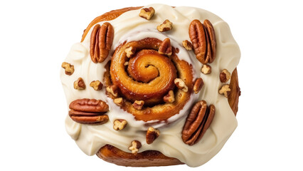Delicious pecan cinnamon roll isolated PNG on transparent background, sweet pastry with frosting and nuts for dessert or breakfast