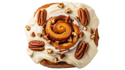 Delicious pecan cinnamon roll isolated PNG on transparent background, sweet pastry with frosting and nuts for dessert or breakfast