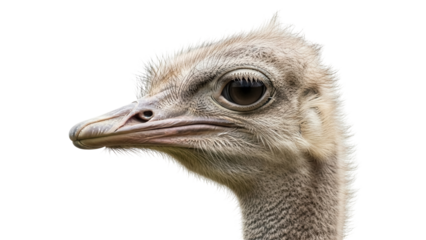 Detailed ostrich head PNG isolated on transparent background, close-up of bird with textured feathers and large eye, wildlife animal portrait